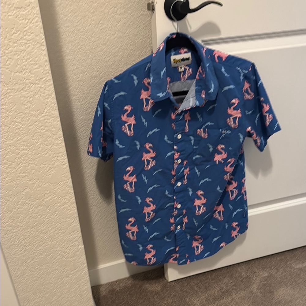 Blue with Pink Flamingo Print button down  shirt
